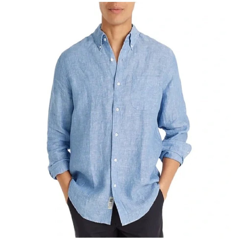 J. Crew Mercantile 100% Linen Long Sleeve Button Down Shirt Blue Heather Size XL